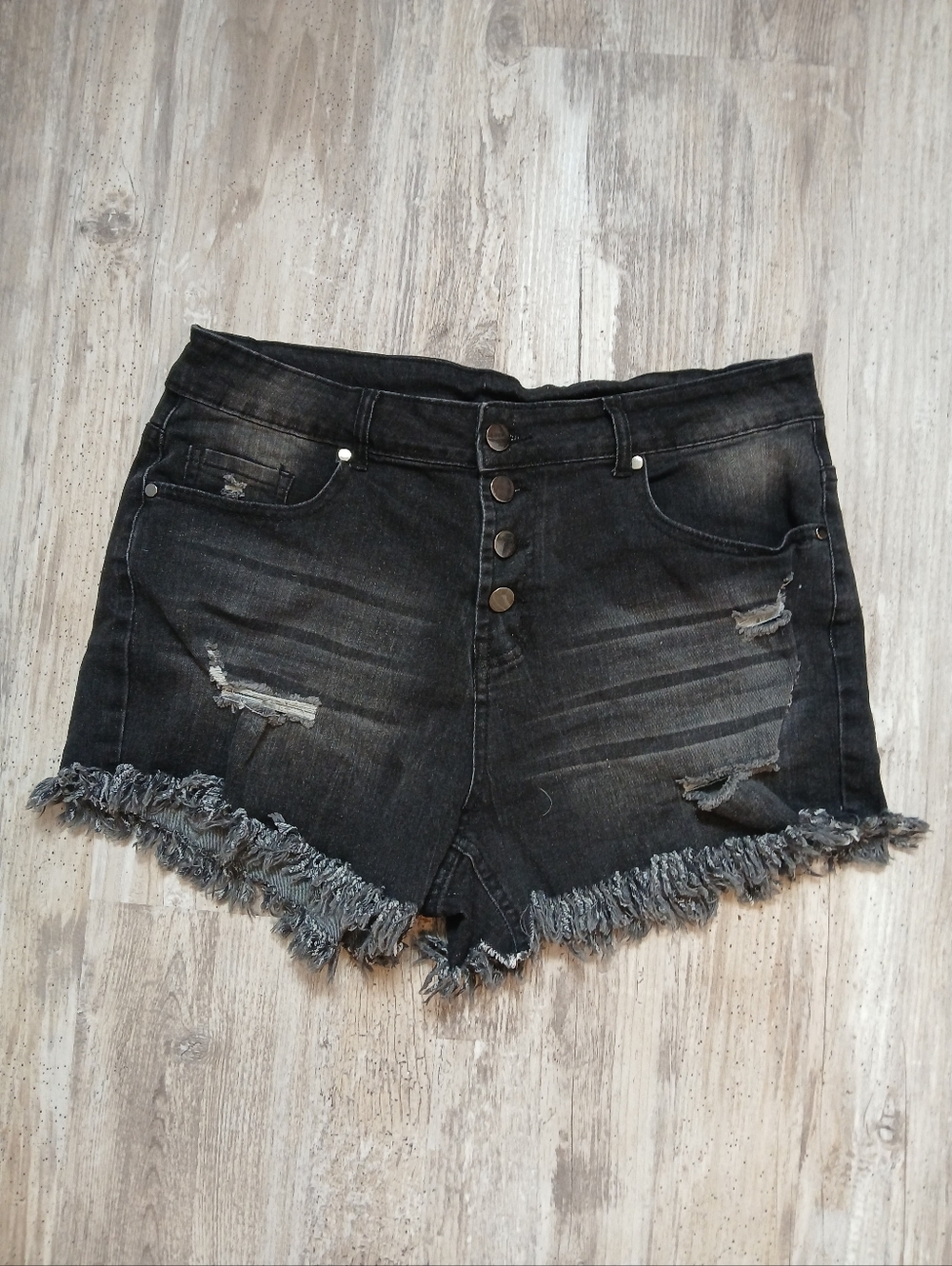 Distressed Charcoal Black Button Fly Denim Cutoff Shorts Large